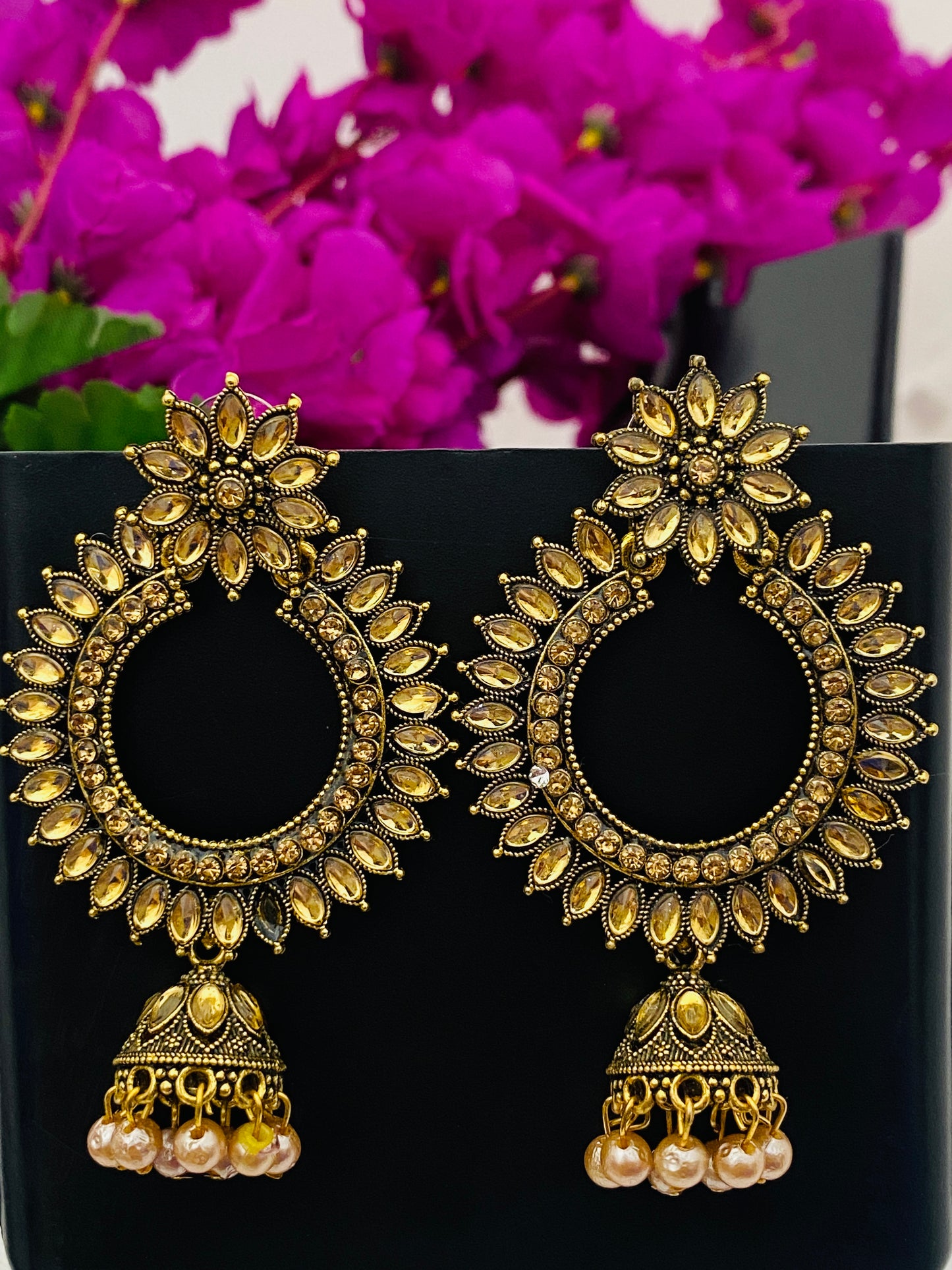 Golden Color Floral Design Jhumka Earrings With Beads In USA