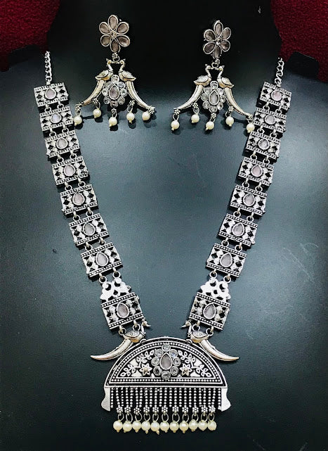 Alluring Grey Color Floral And Peacock Design Oxidized Necklace With Earrings Sets
