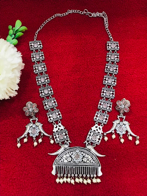 Alluring Grey Color Floral And Peacock Design Oxidized Necklace With Earrings Sets Near Me