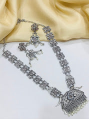 Alluring Grey Color Floral And Peacock Design Oxidized Necklace In Cotton Wood