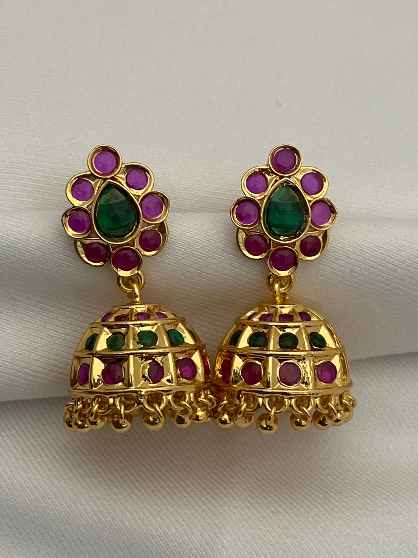 Gorgeous Ruby And Emerald Gold Plated Jhumka Earrings