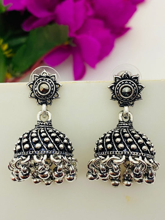 Dazzling Floral Oxidized Silver Plated Jhumka Earrings with Pearl Drops
