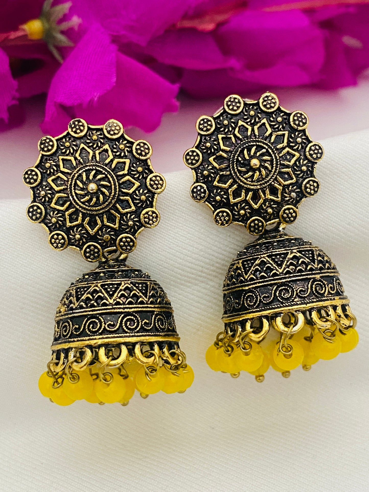 Appealing Yellow Color Pearl Beaded Floral Design Antique Gold Earrings