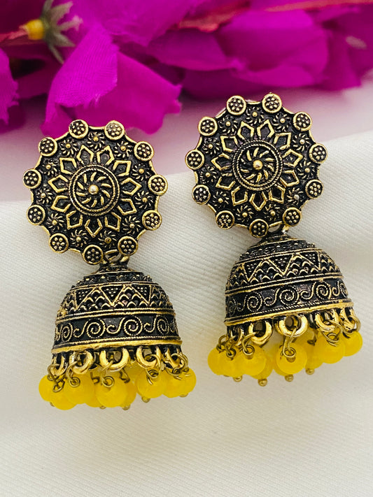 Appealing Yellow Color Pearl Beaded Floral Design Antique Gold Earrings