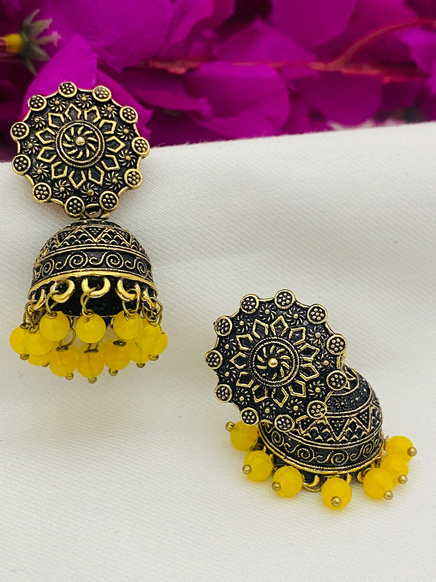 Charming Yellow Color Antique Gold Jhumkas In USA