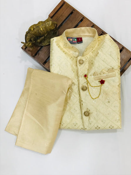 Attractive Sandal Colored Sherwani With Designer Brooch Pin Attached For Boys