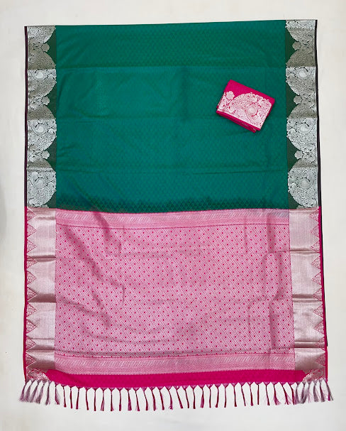 Alluring Green Color Soft Silk Saree With Silver Zari Work In Chandler