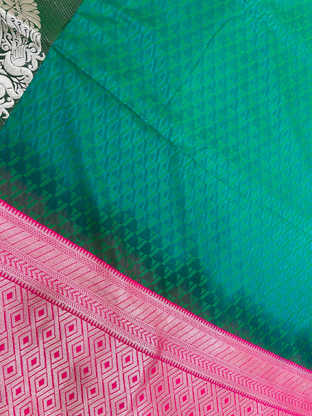 Green Color Soft Silk Saree With Silver Zari Work In Surprise