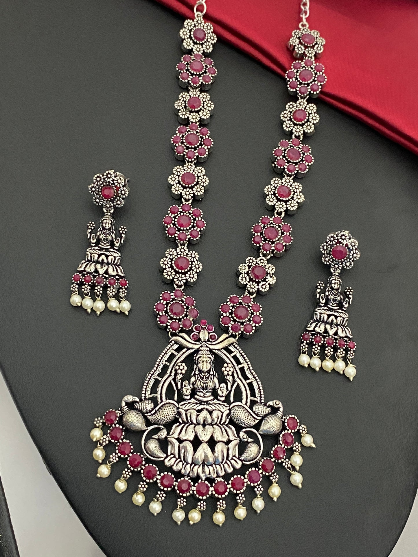Temple Design Stone Studded Goddess Lakshmi Pendant Necklace Set With Earrings in USA
