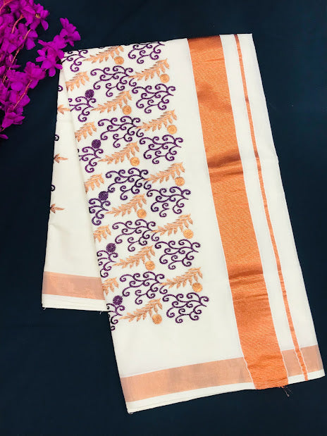Traditional Kerala Cotton Saree With Copper Zari Border