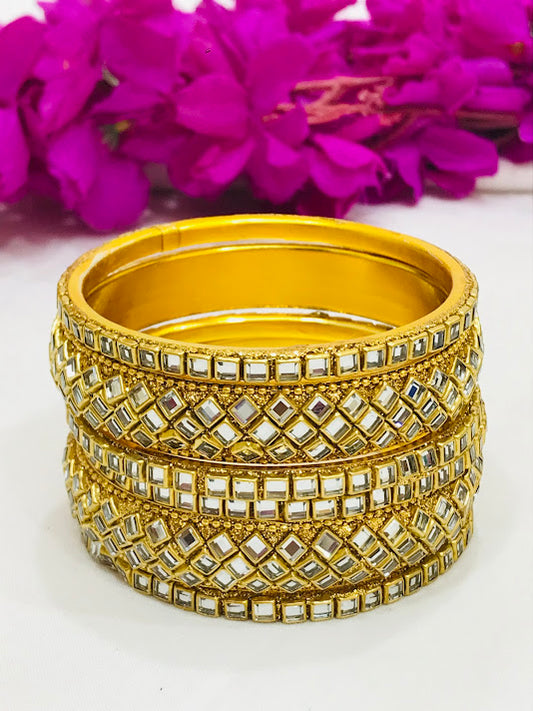 Dazzling White Stoned Metal Bangles Set For Women