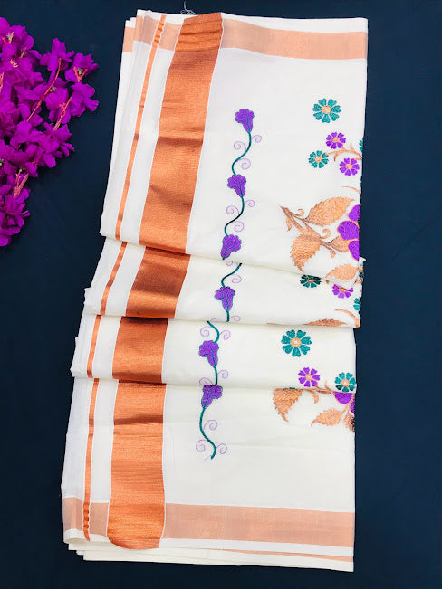 Attractive Kerala Kasavu Cotton Flower Embroidery Saree Near Me