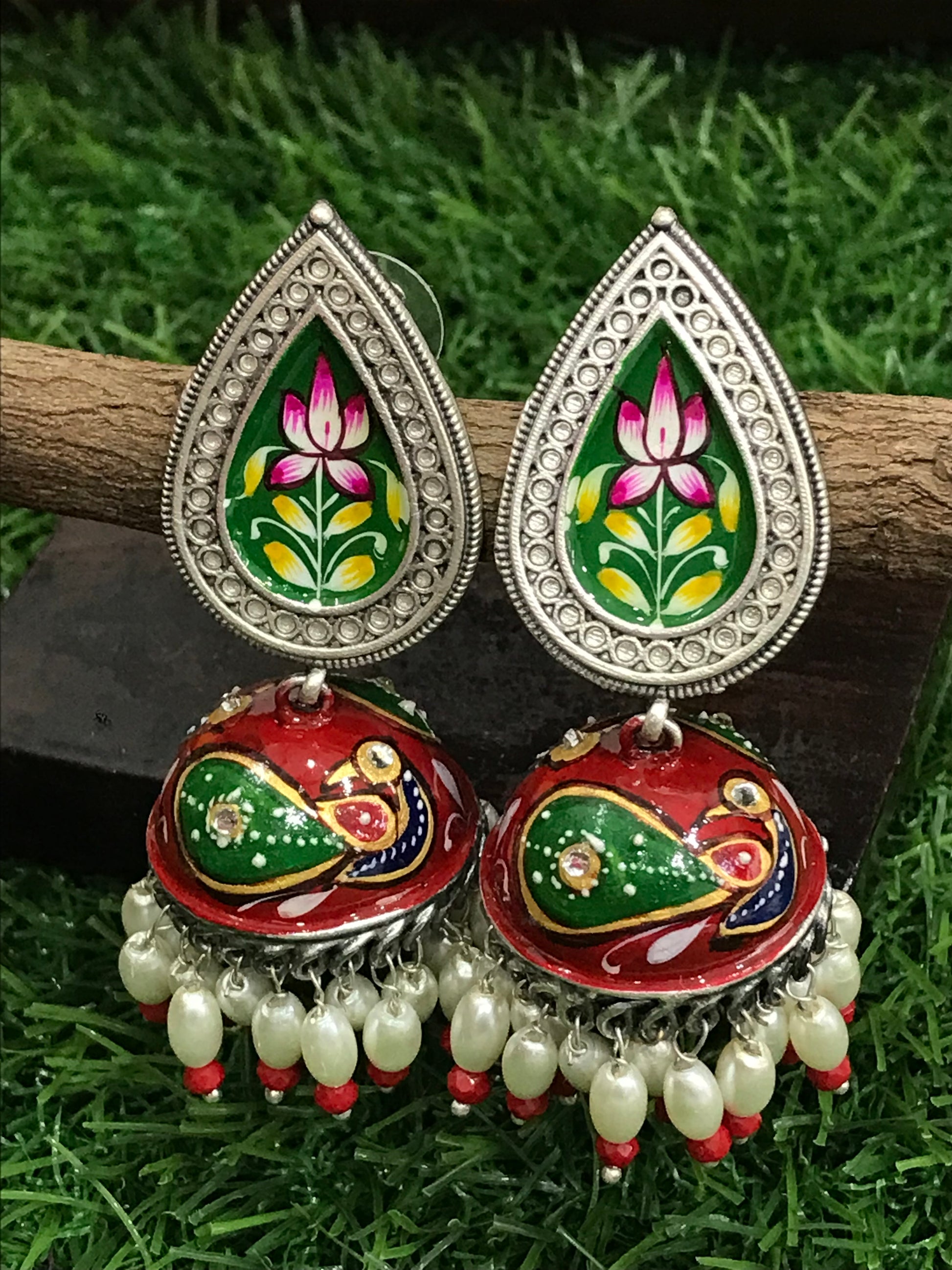 Hand Painted Oxidized Jhumka Earrings In USA
