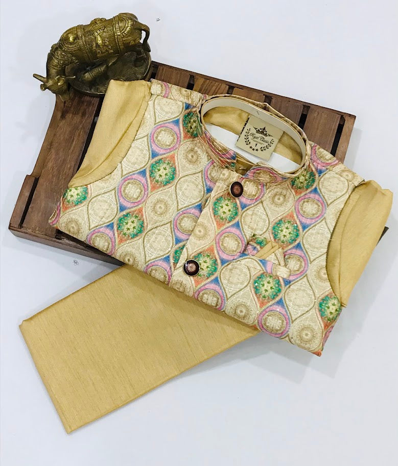 Sandal Color Sherwani Suits With Multi Color Designed Jacket Near Me