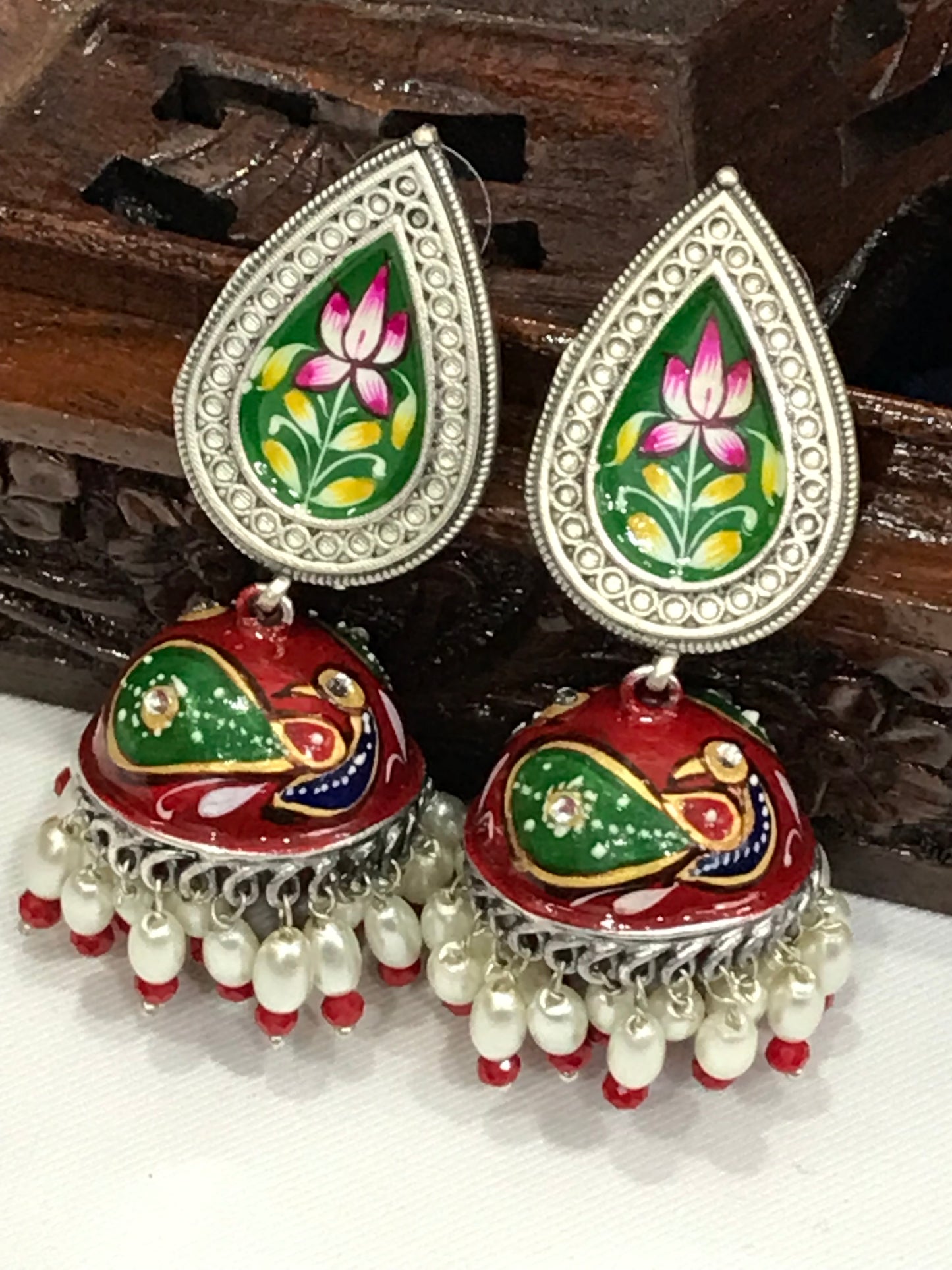 Silver Plated Hand Painted Oxidized Jhumka Earrings In Cotton wood