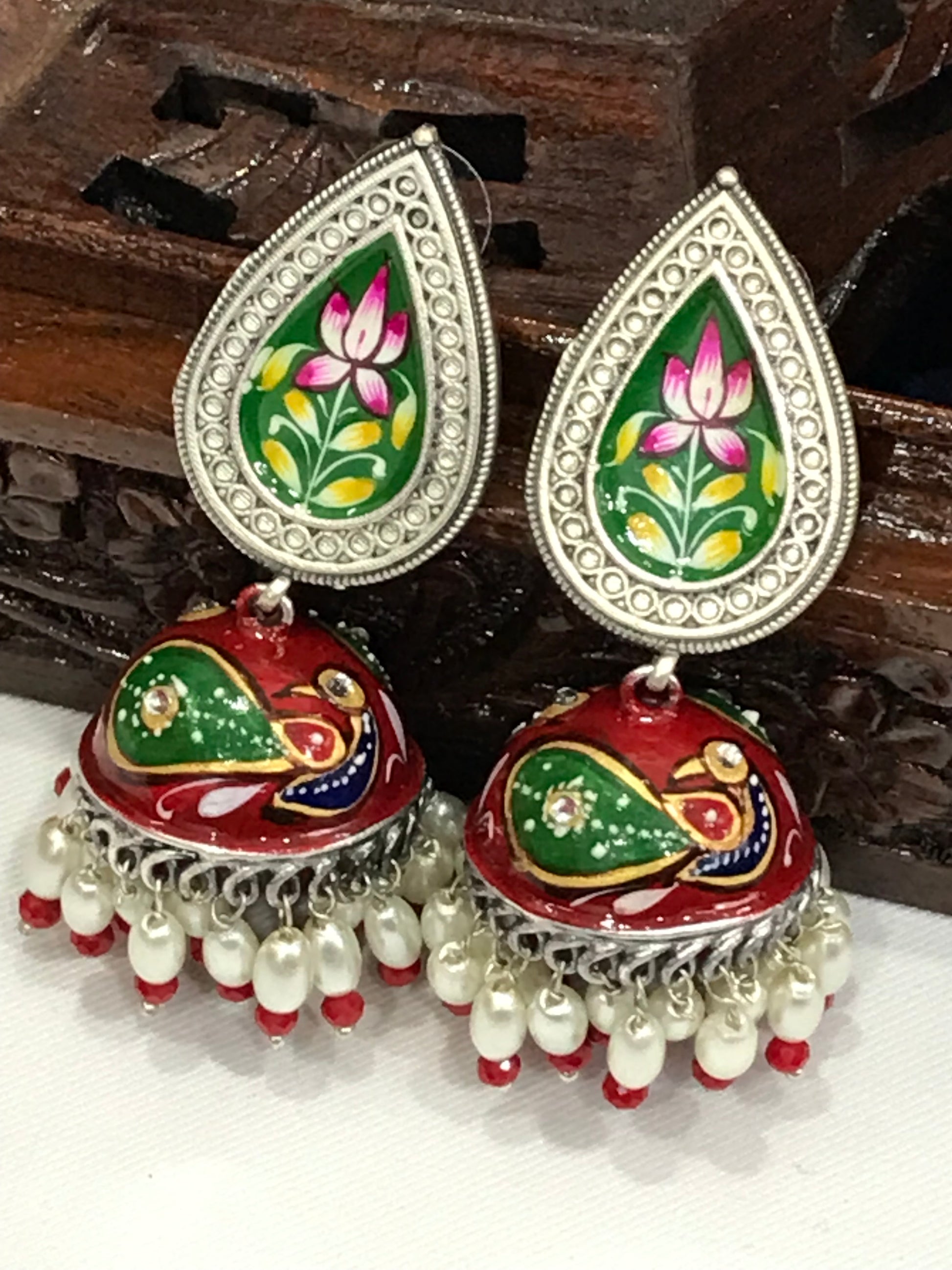 Silver Plated Hand Painted Oxidized Jhumka Earrings In Cotton wood