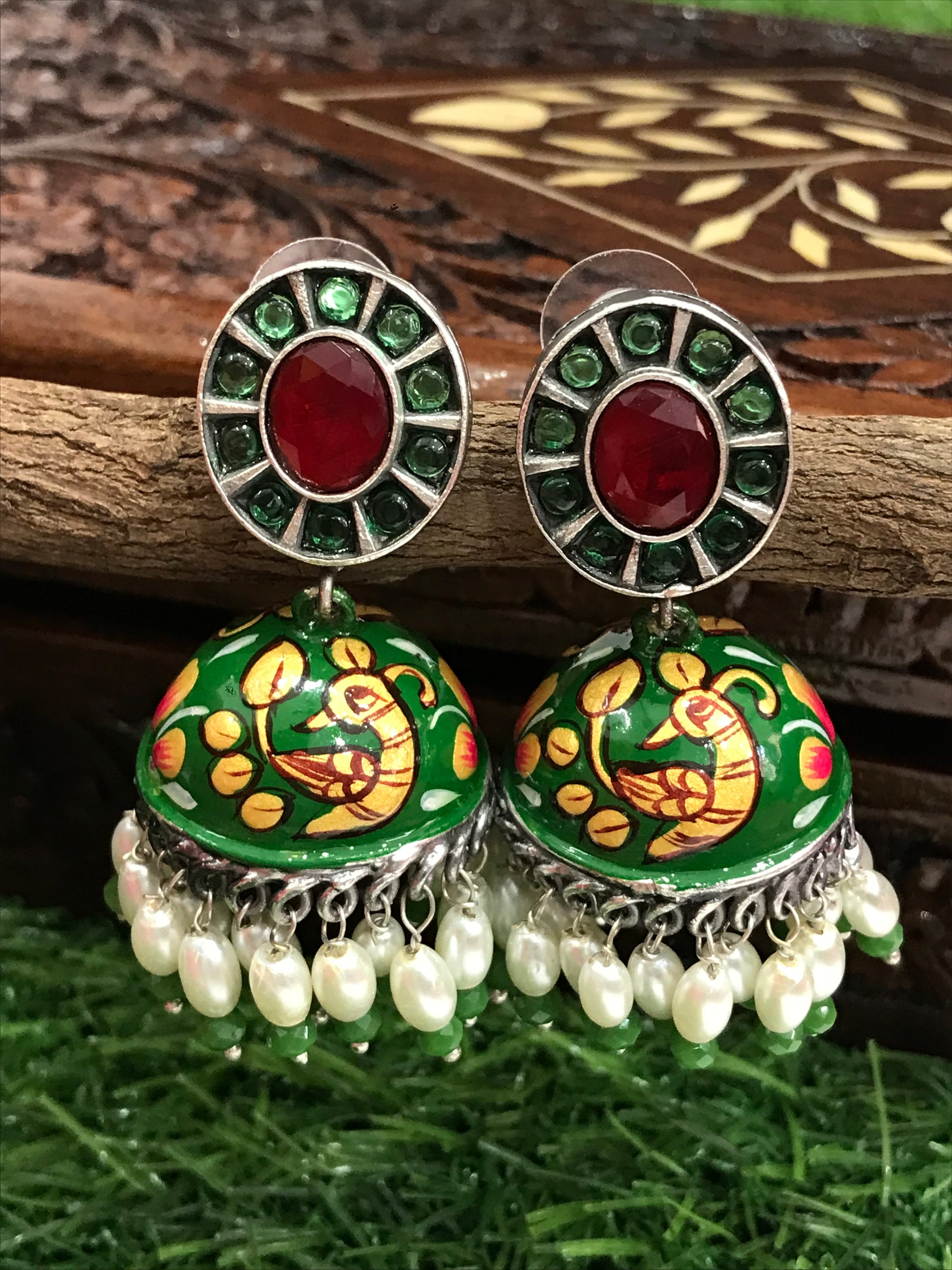 Hand Painted Peacock Designed Oxidized Jhumka Earrings Near Me