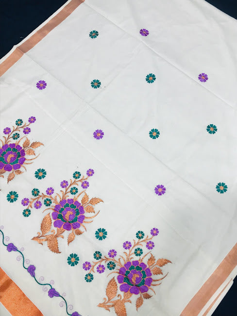 Attractive Kerala Kasavu Cotton Flower Embroidery Saree In Gilbert