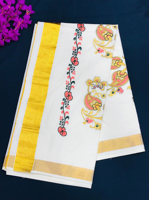 Beautiful Kerala Kasavu Cotton Embroidery Saree With Zari Border