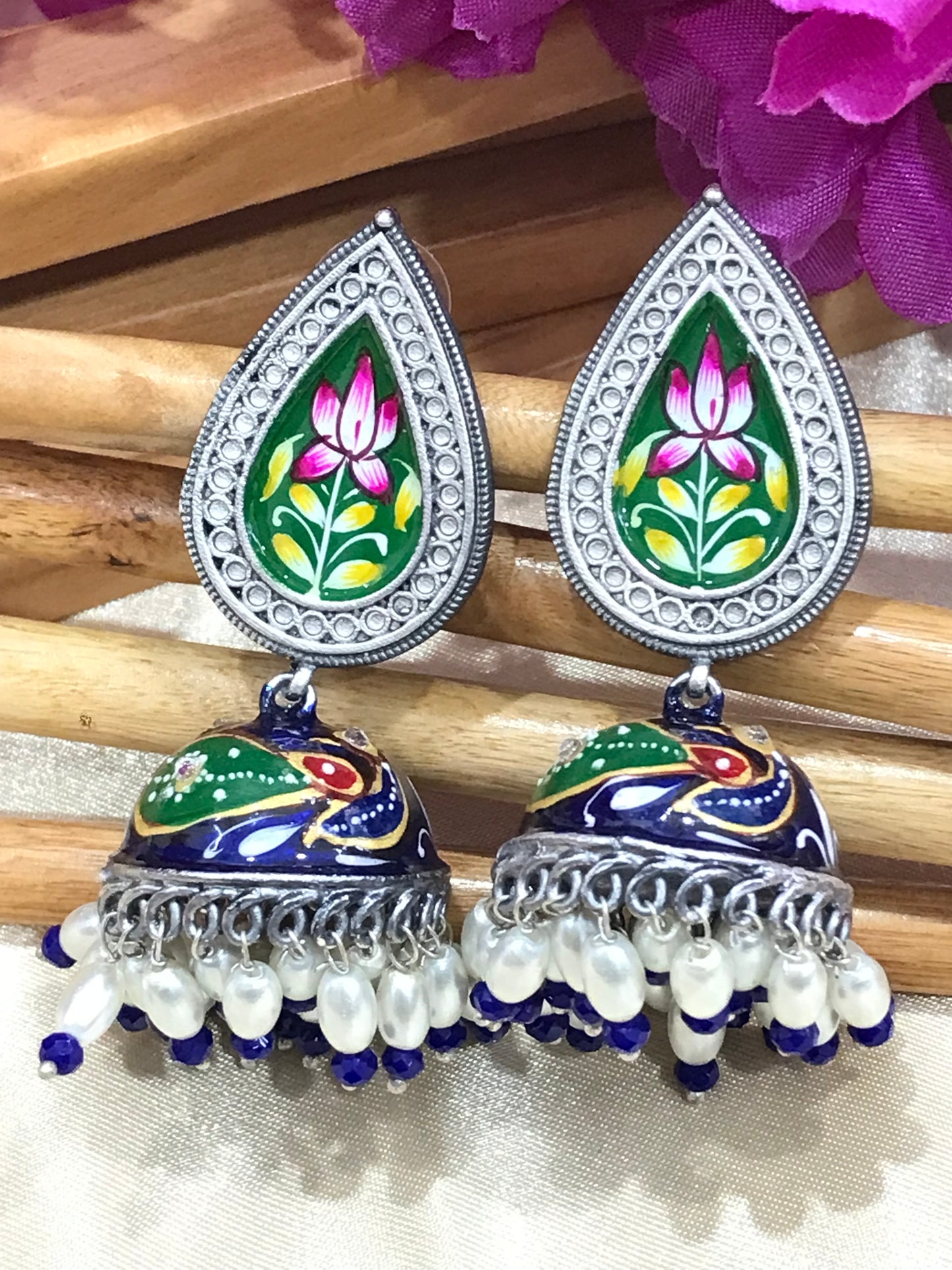 Trendy Blue Color Floral Jhumka Earrings in USA