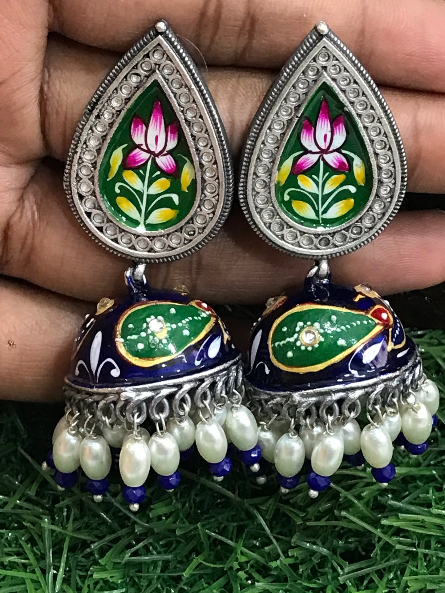 Blue Color Floral Silver Plated Oxidized Jhumka Near Me