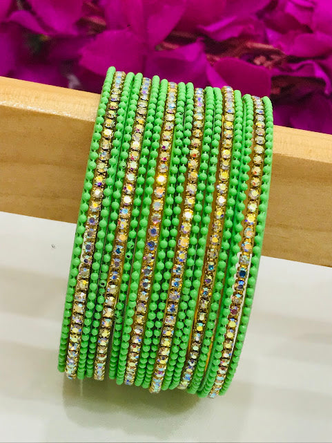 Alluring Green Color Gold Plated Metal Bangles With White Stone For Women Near Me