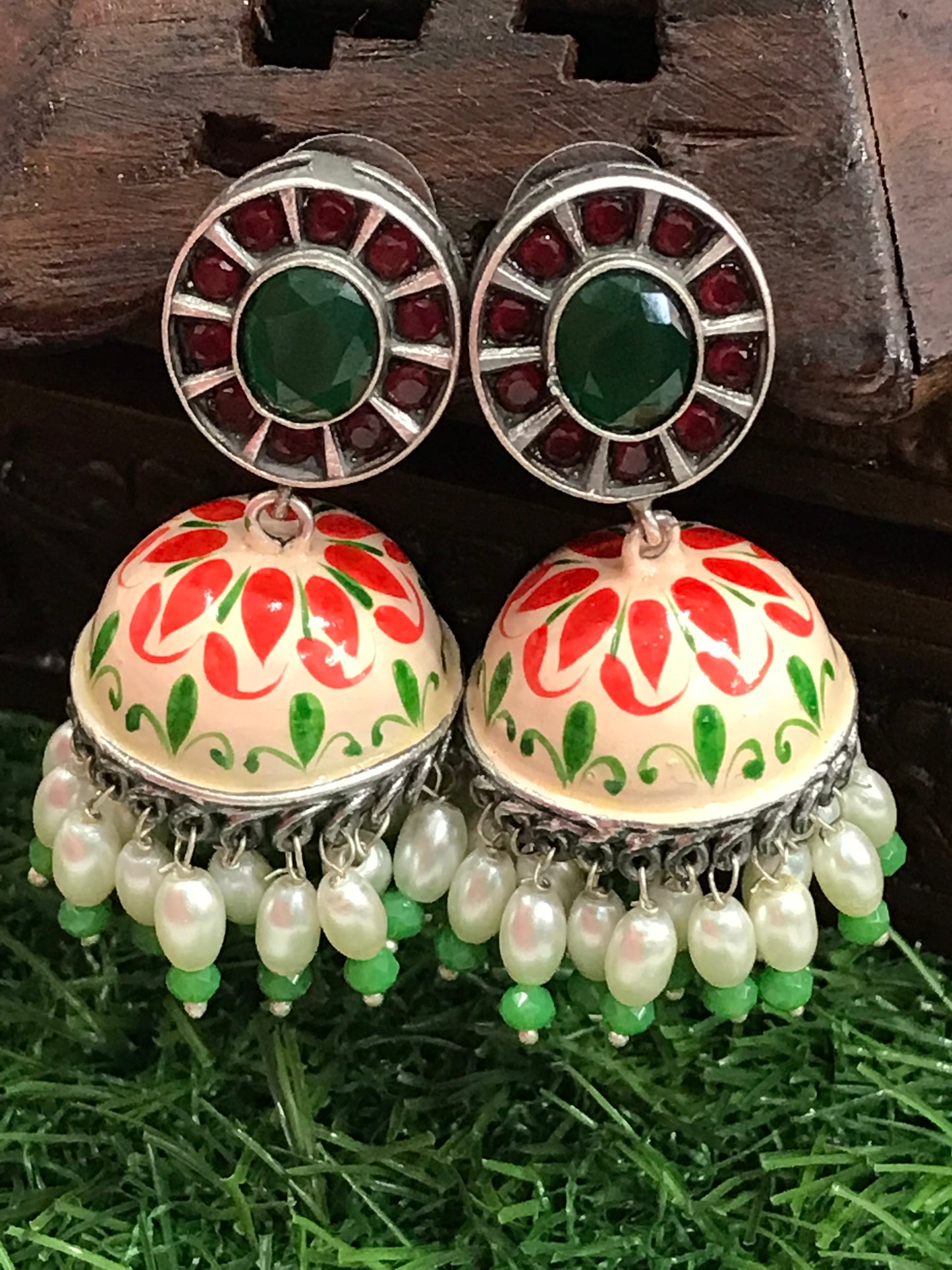 Multicolored German Silver Plated Oxidized Jhumkas in Skull Valley