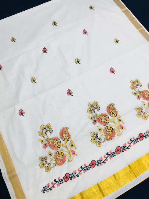 Beautiful Kerala Kasavu Cotton Embroidery Saree With Zari Border In Phoenix