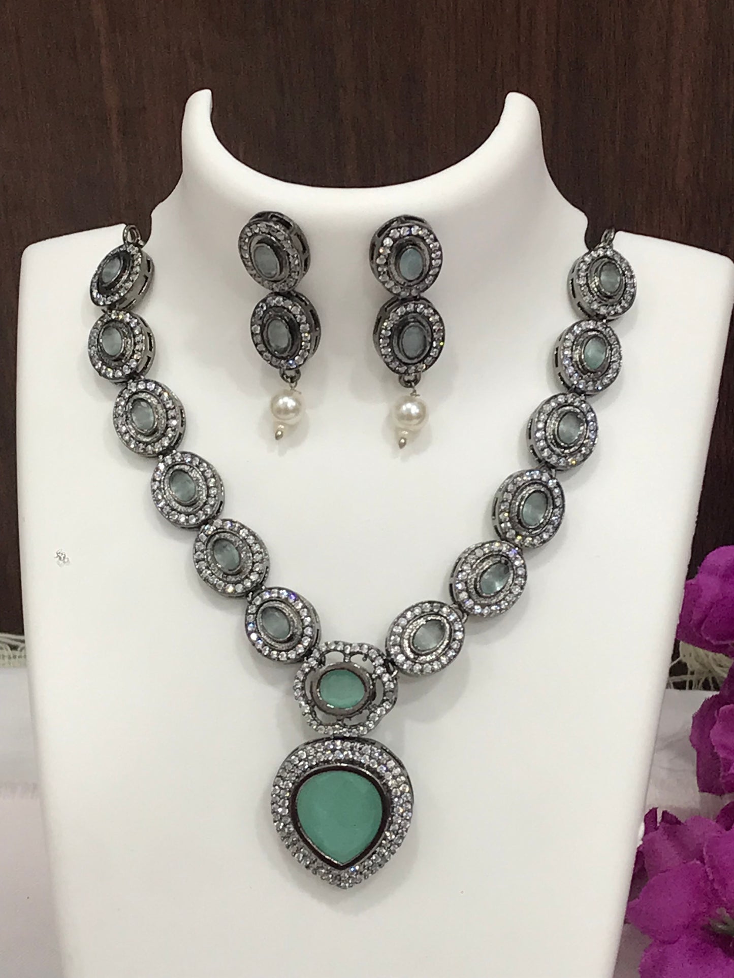 Sparkling Elegance Turquoise Green Colored AD Stones Silver Oxidized Necklace With Earrings