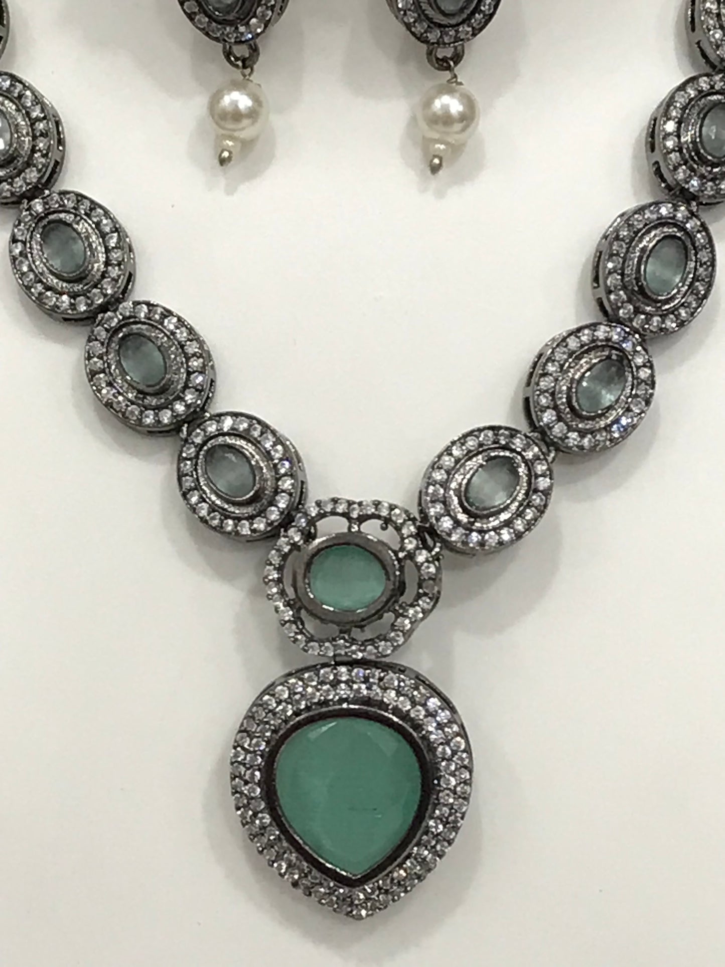 Green Colored AD Stones Silver Oxidized Necklace With Earrings in Casa Grande