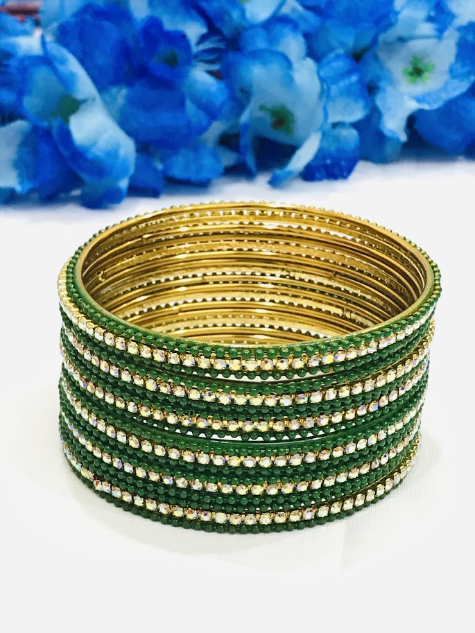 Gorgeous Green Color Stone Design Metal Bangles For women