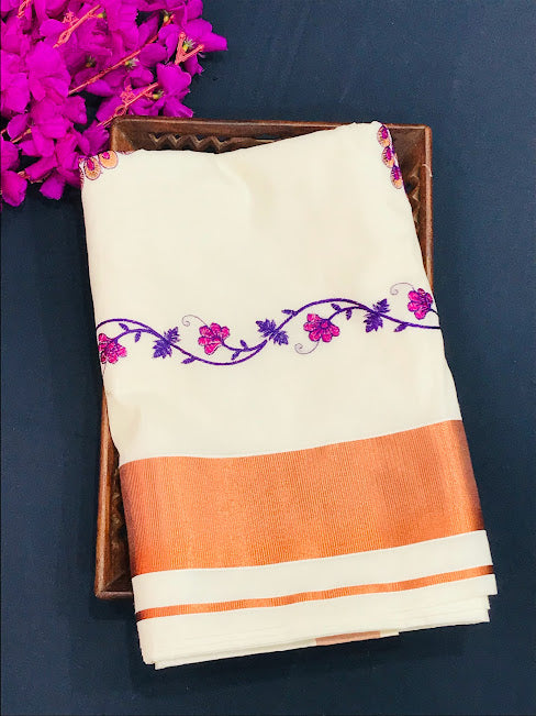 Fabulous Kerala Cotton Peacock Embroidery Saree With Copper Zari Border Near Me