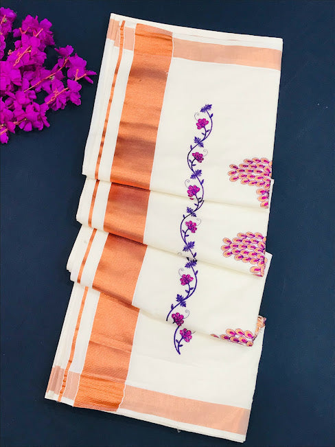 Fabulous Kerala Cotton Peacock Embroidery Saree With Copper Zari Border In USA