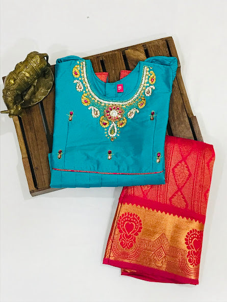 Alluring Teal Blue Colored Silk Langa Sets Near Me