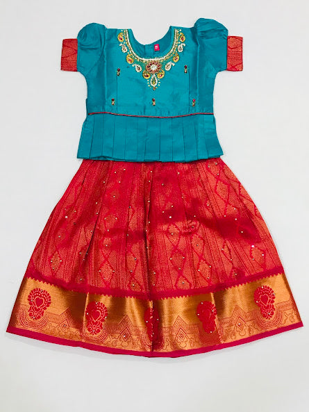 Alluring Teal Blue Colored Silk Langa Sets For Girls