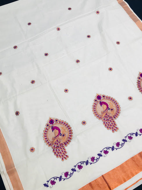 Fabulous Kerala Cotton Peacock Embroidery Saree With Copper Zari Border In Scottsdale