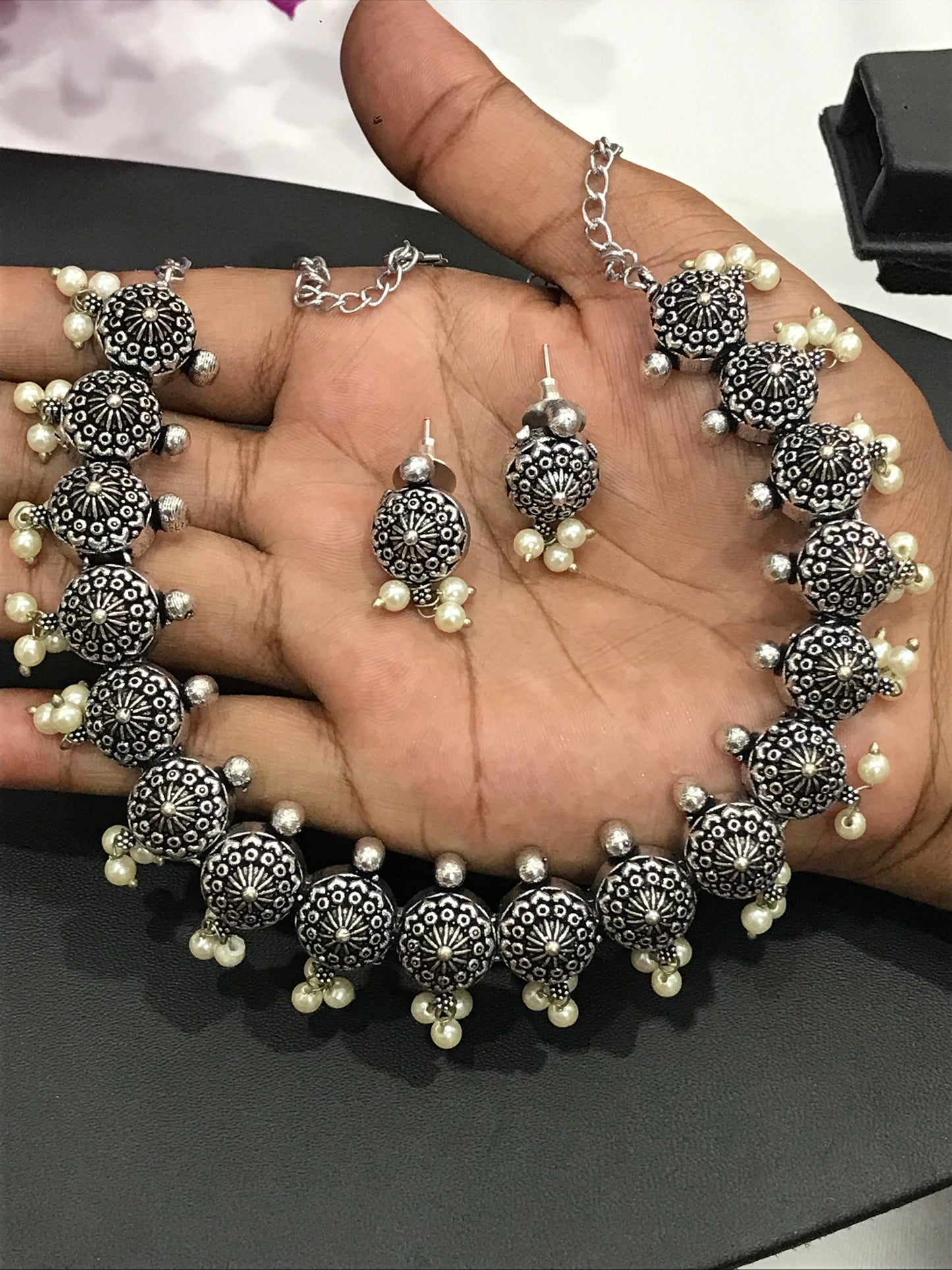 Floral Designed Silver Plated oxidized Necklace Set Near Me