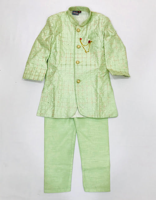 Attractive Pista Green Colored Silk Cotton Kurta With Pajama Pant For Boys