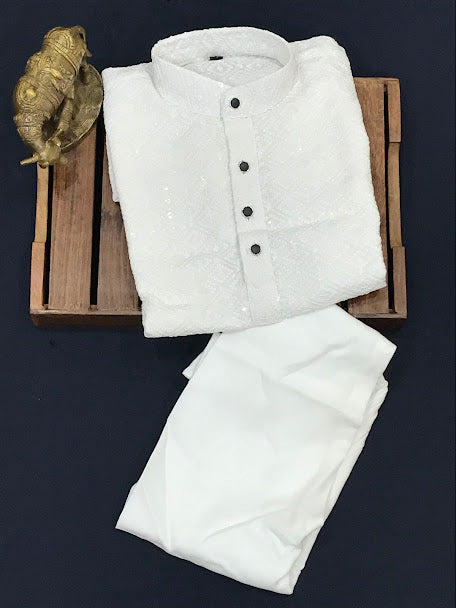 Alluring White Color Full Sleeves With Embroidery Design Kurta Near Me