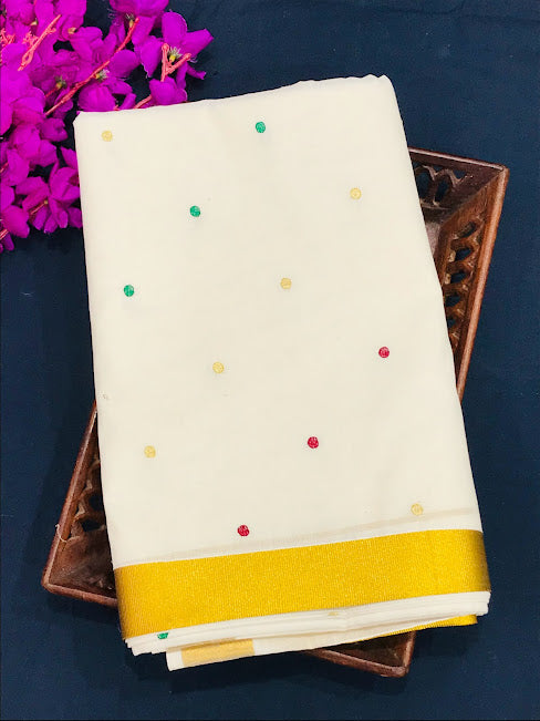 Fabulous Kerala Cotton Saree With Polka Dote And Zari Border Near Me