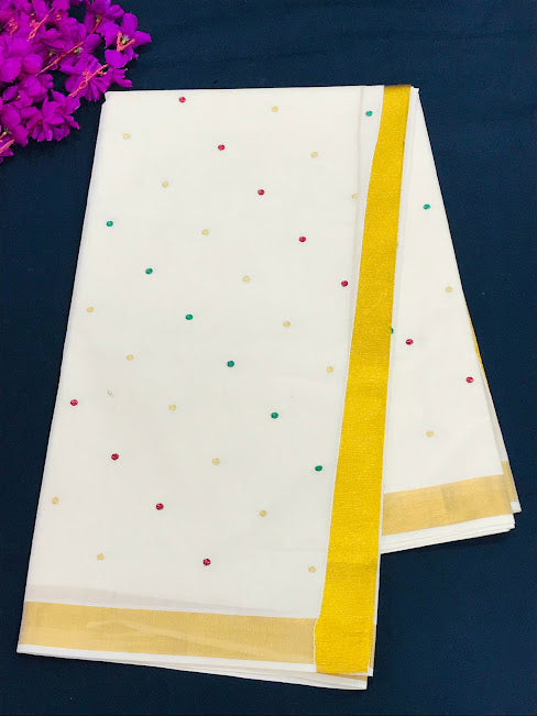 Fabulous Kerala Cotton Saree With Polka Dote And Zari Border