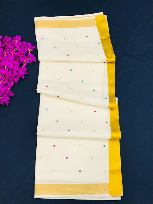 VFabulous Kerala Cotton Saree With Polka Dote And Zari Border In USA