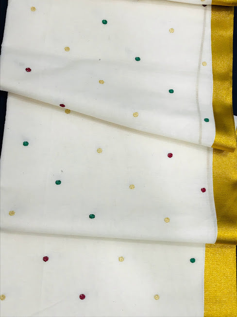 Kerala Cotton Saree With Polka Dote And Zari Border in Yuma