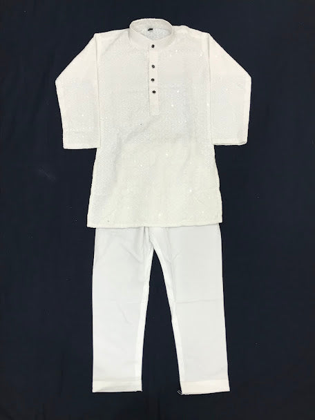 Alluring White Color Full Sleeves With Embroidery Design Kurta For Kids