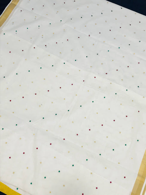 Fabulous Kerala Cotton Saree With Polka Dote And Zari Border In Glendale