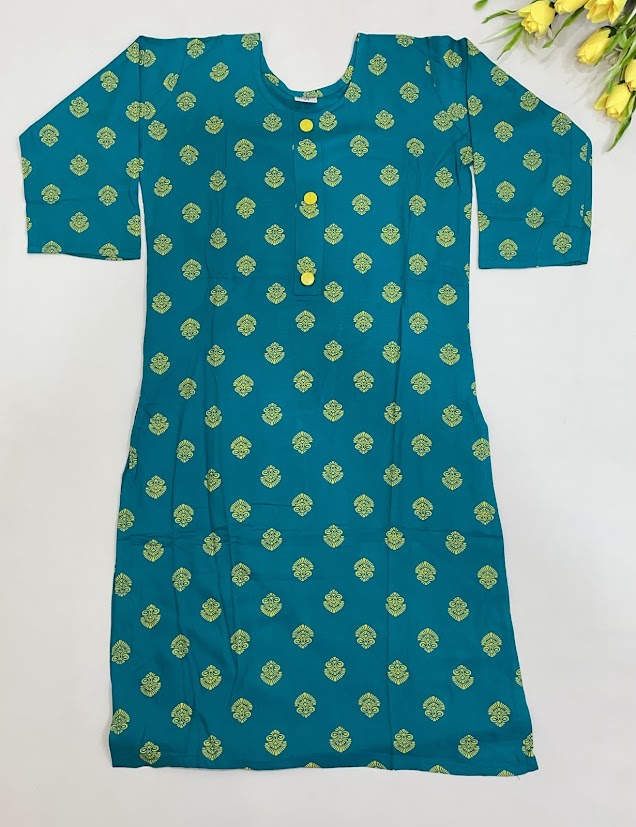 Attractive Rama Green Color Rayon With Printed Work Kurti For Girls