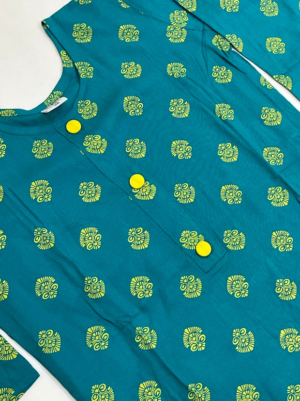 Rama Green Color Rayon With Printed Work Kurti For Girls In Mesa