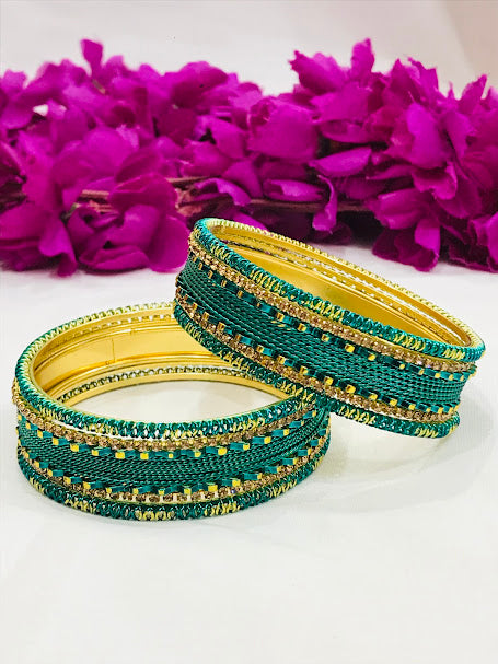 Teal Green Color Metal Bangles In Cotton Wood
