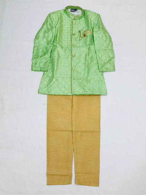 Gorgeous Pista Green Colored Silk Cotton Kurta With Pajama Pant Sets For Boys