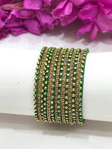Charming Green Color Designed Style Bangles With Glitters In Globe
